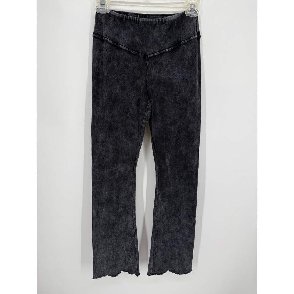 FP Movement Flare Leggings Womens Small Black Acid Wash Ribbed Lettuce Edge Boho